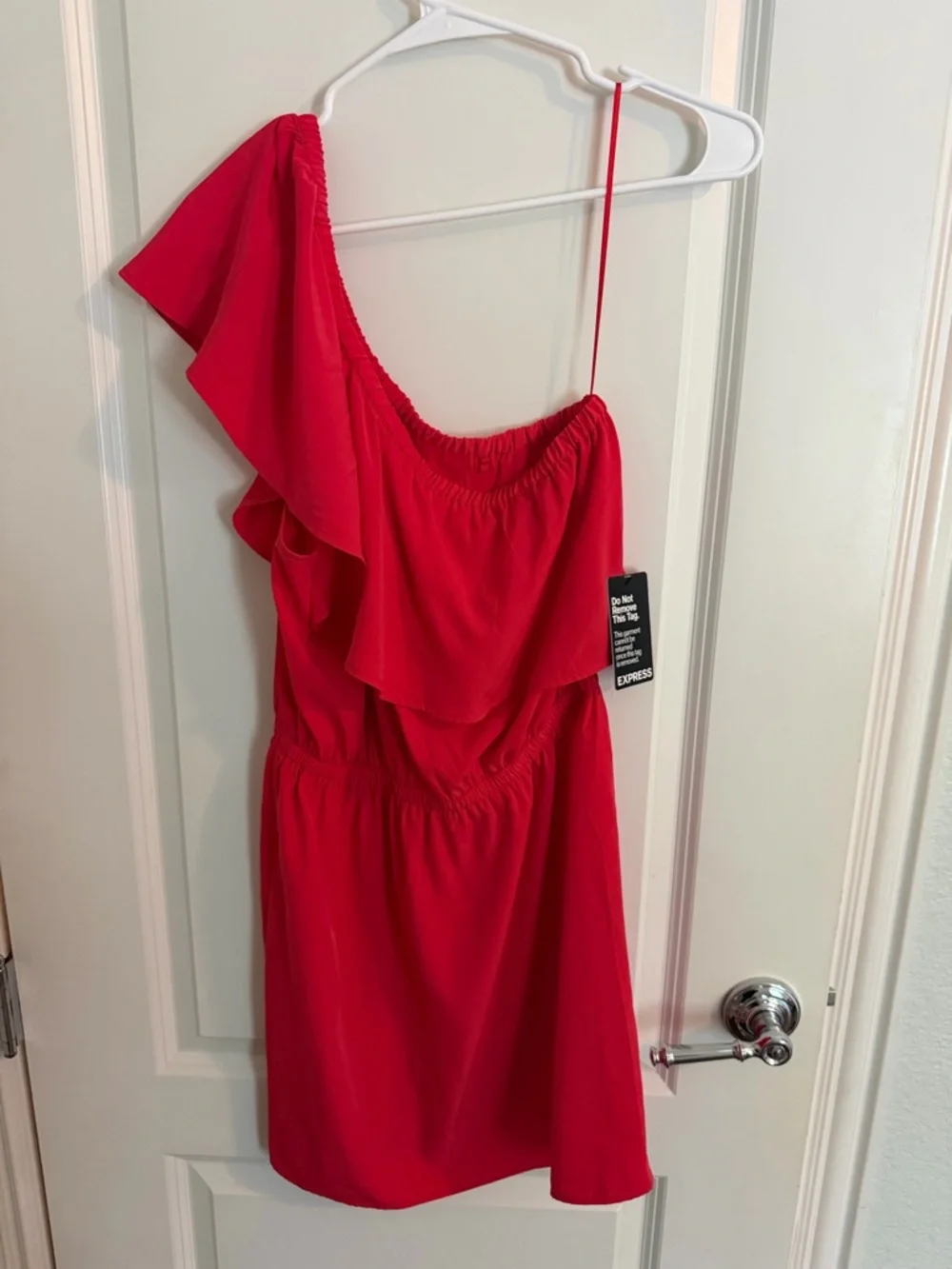Express One-Shoulder Ruffle Dress in Red - Picture 1 of 4